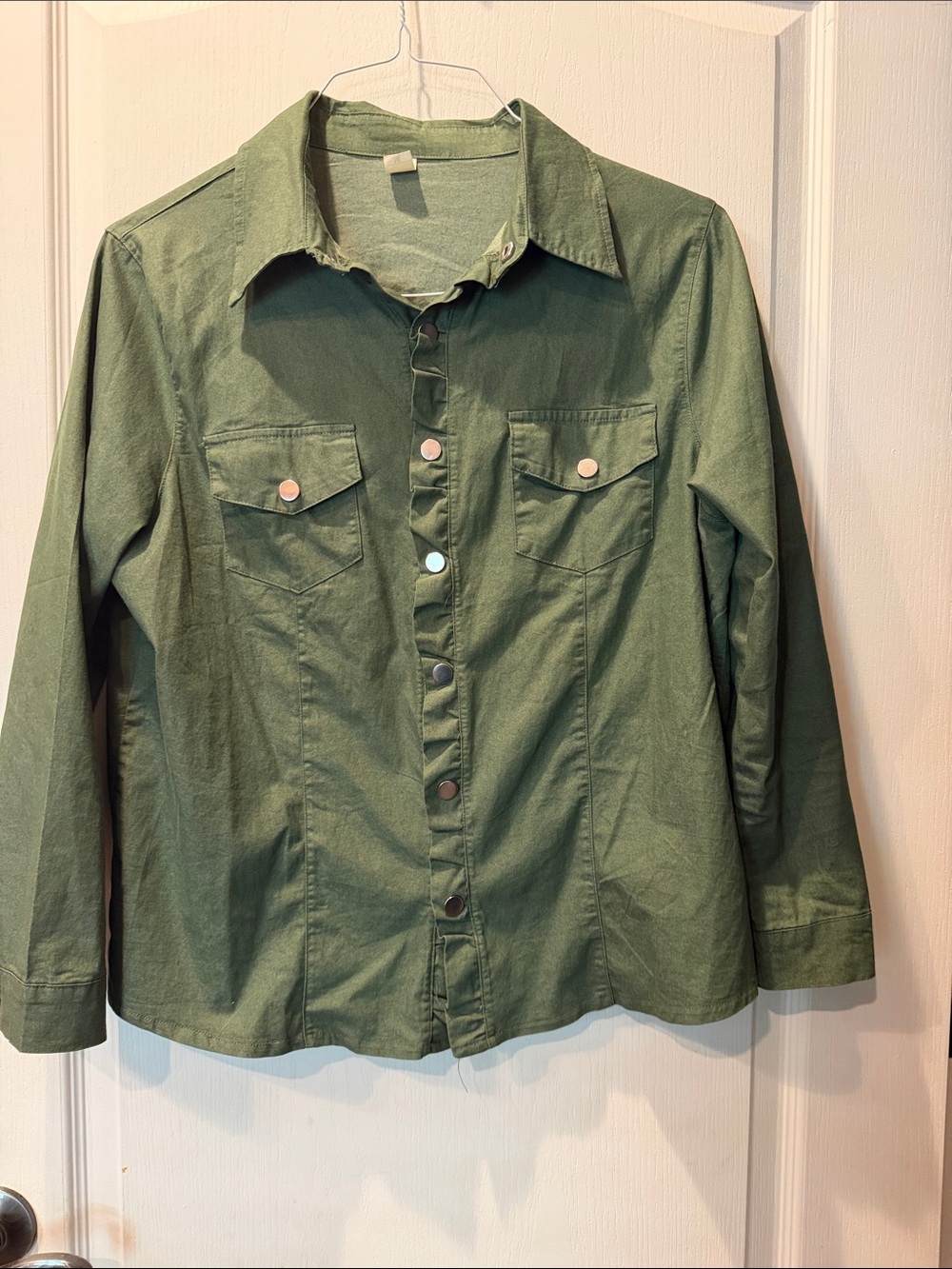 Olive Green Button-Up, ruffle details